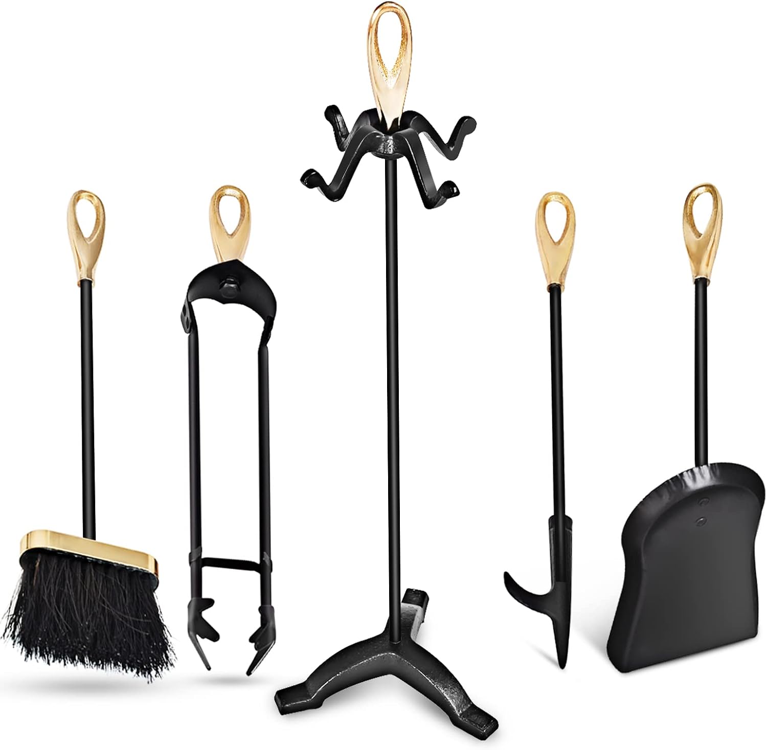 Hysache 5 PCS Fireplace Tools Set, Wrought Iron Toolset Fireplaces w/Base, Brush, Shovel, Tong and Fireplace Poker, Heavy Duty Hearth Accessories Indoor Outdoor Use (Gold)