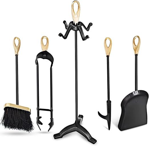Giantex 5 PCS Iron Fireplace Set, Fireplace Tool Set w/Broom, Shovel