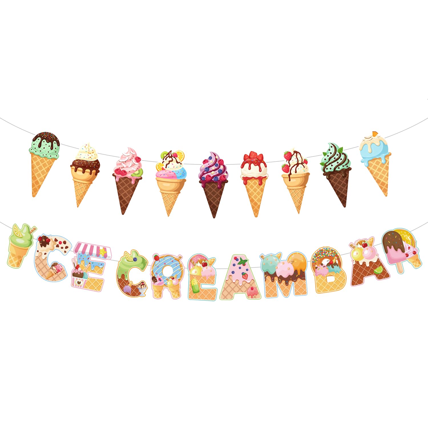 Ice Cream Party Decorations, Tumwisk 2 Pre-Strung Ice Cream Bar Banner | Pre-strung Ice Cream Themed Paper Banners, Party Decorations for Summer Wall Hanging Decor Dessert Shop Backdrop