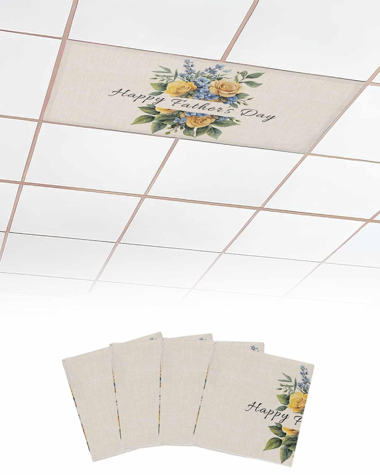 EwdeWwo Happy Father's Day 4 Pcs Fluorescent Light Covers for Ceiling Lights, Yellow Roses Linen Texture Magnetic Light Filters for Eliminate Harsh Glare Classroom Office Decoration, 4 x 2 Ft