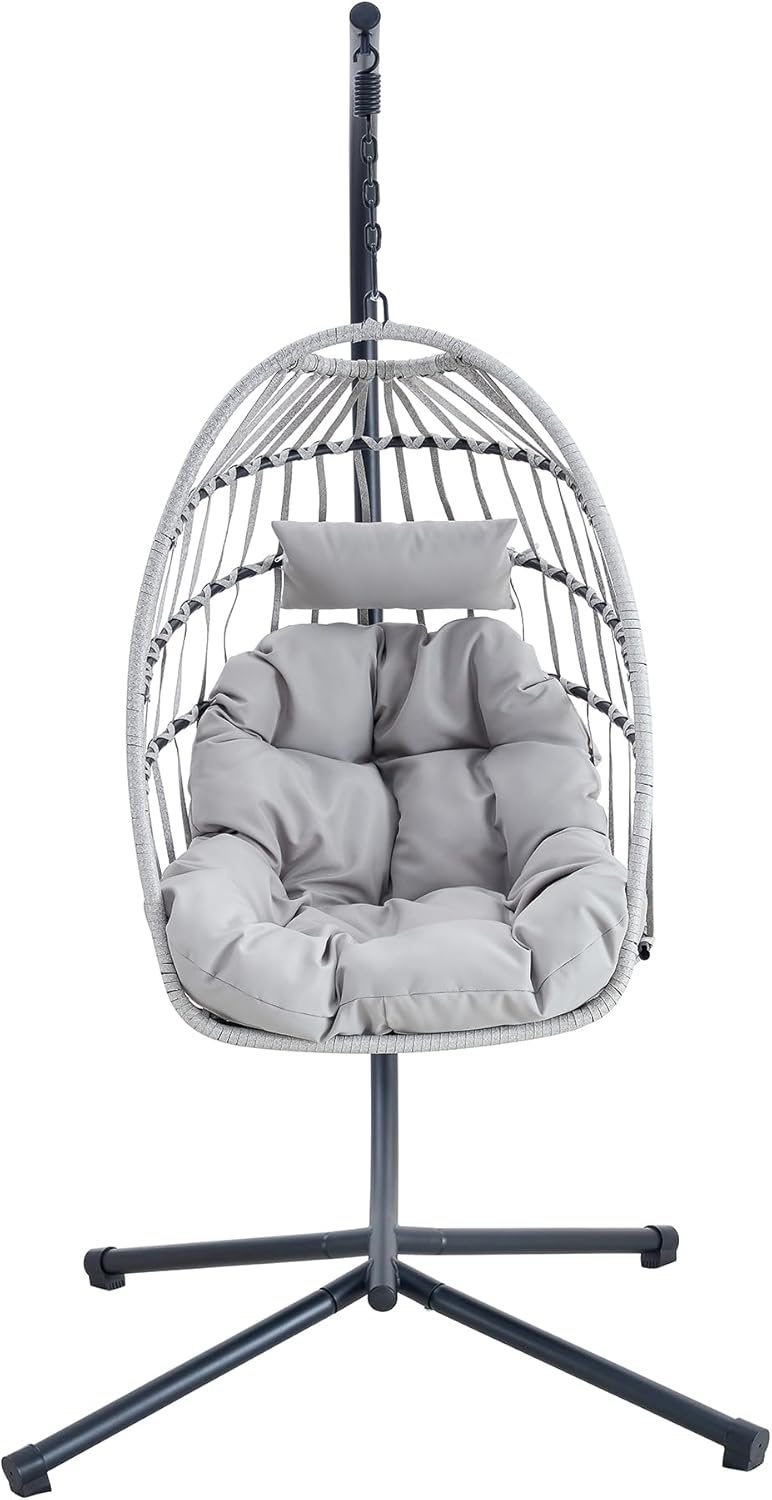 Hanging Egg Chair with Stand, PE Wicker Rattan Swing Chair with Cushion and Headrest, Foldable Hammock Chair for Indoor Outdoor Patio, Bedroom, Garden, 350lbs Capacity (Gray)