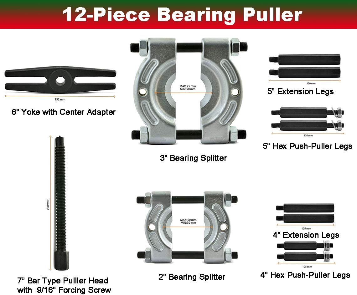 YOTOO Bearing Pullers Set 5 Ton Capacity, Bearing Separator Kit, Red