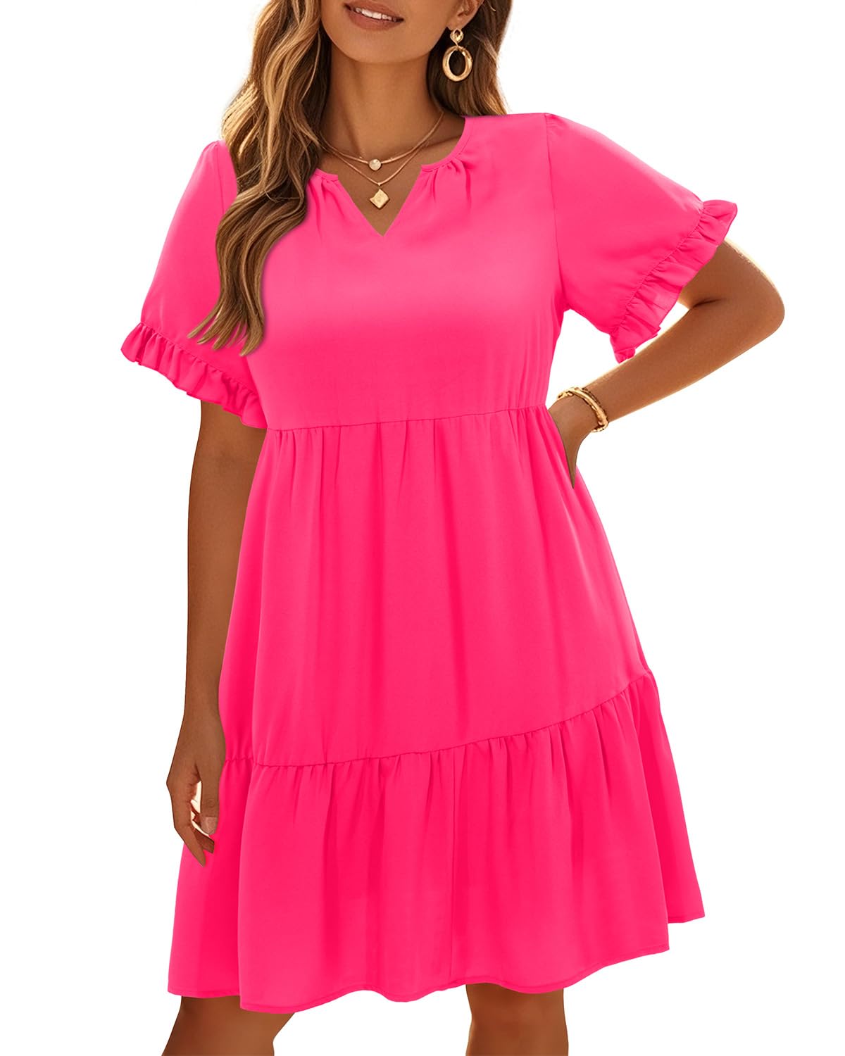Pinup Fashion Plus Size Summer Babydoll Tiered Casual V-Neck Short Dress