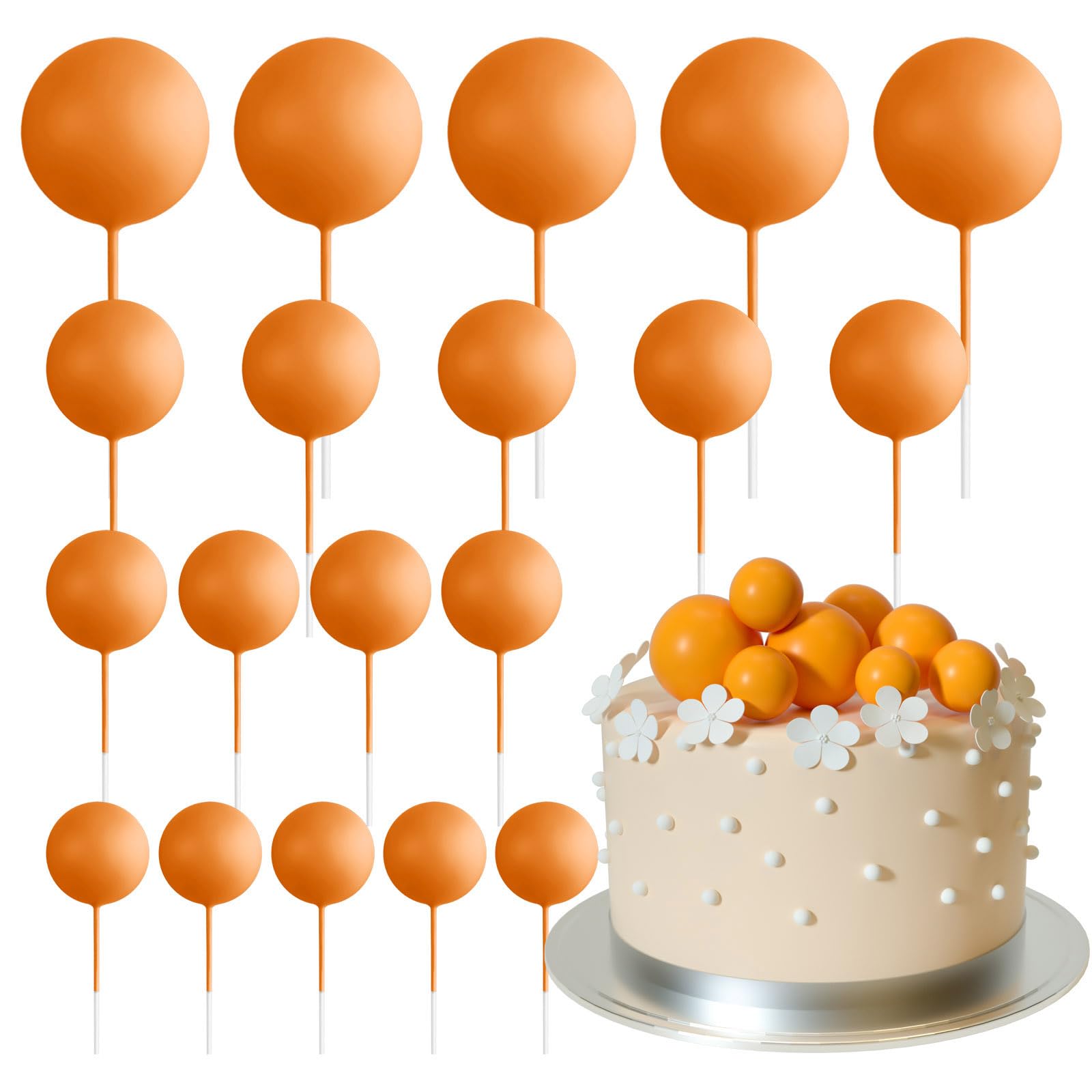 ASTARON 20 Pcs Ball Cake Topper Decorations Mini Balloons Cake Topper Sticks Orange Balls Cake Picks Cake Topper Balls Cake Decorations for Halloween