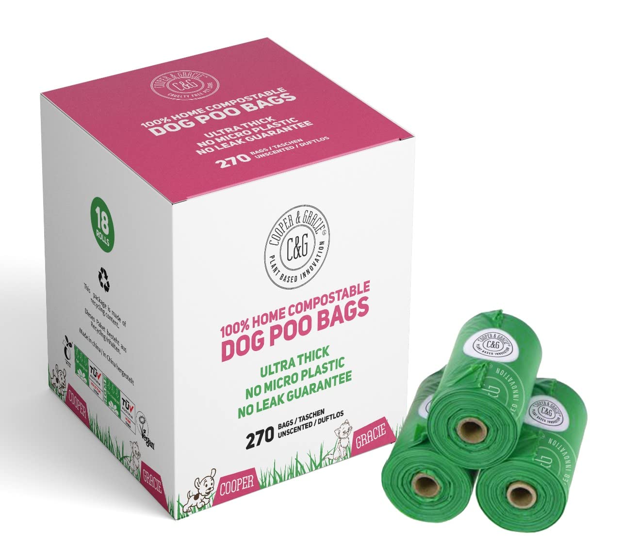 Dog Poo Bags 100% Home Compostable Plant Based | No Micro Plastic Ultra Thick Biodegradable Dog Poo Bags | No Leak Guarantee | 18 Roll Bulk Eco Box Unscented Thick Doggy Waste Bag