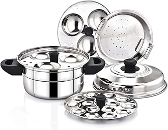 Stainless Steel Idly Maker Cooker Compatible with Induction and Gas Stove (2 Idli Plates/6 Idlis, 1 Mini Idli Plate/15 Mini Idlis and 1 Multi-Purpose momos Steamer/Idiyappam Steamer Plate