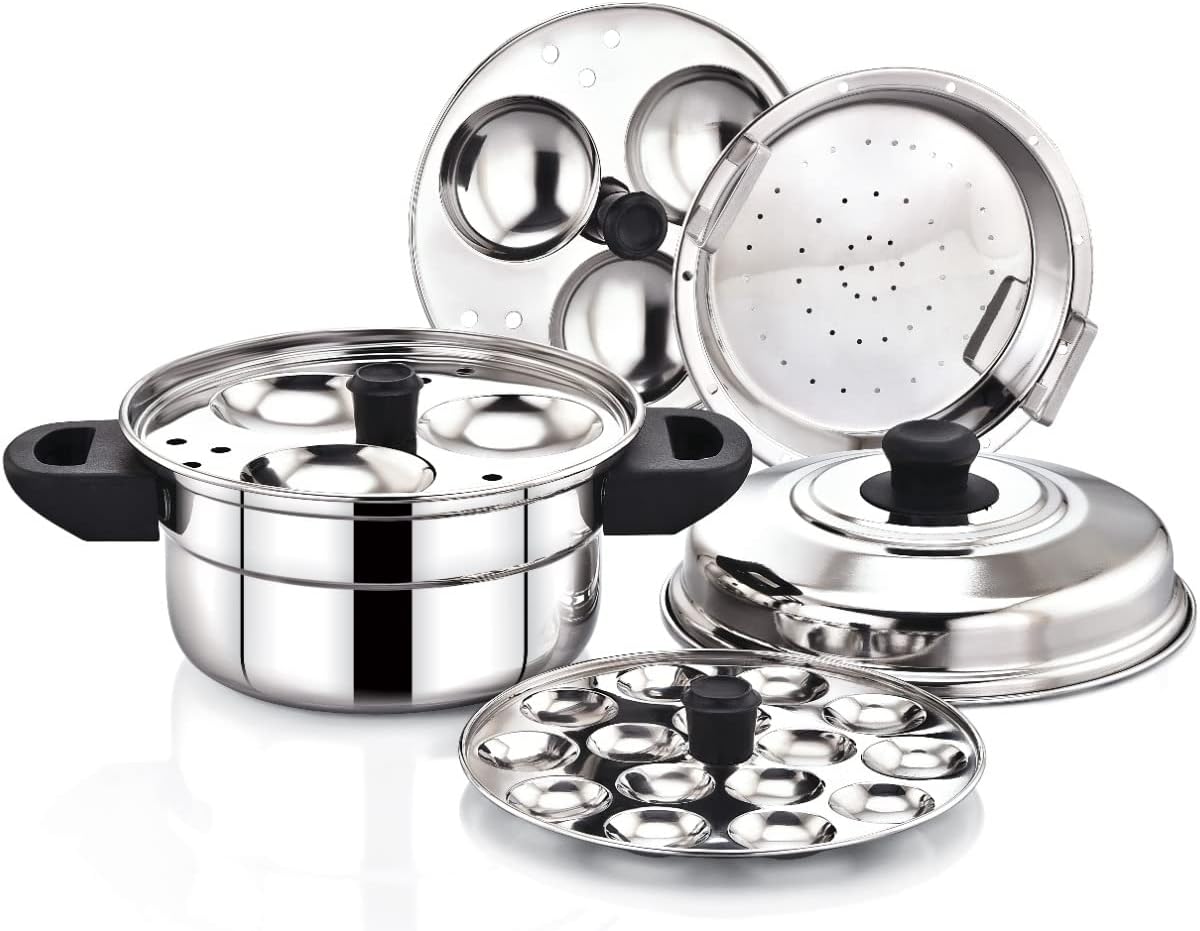 Stainless Steel Idly Maker Cooker Compatible with Induction and Gas Stove (2 Idli Plates/6 Idlis, 1 Mini Idli Plate/15 Mini Idlis and 1 Multi-Purpose momos Steamer/Idiyappam Steamer Plate)(6 idli)-Steamer/Modak/Momo Maker