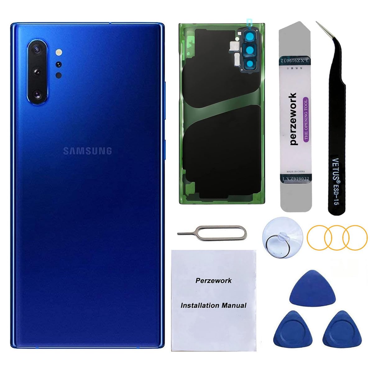 Perzework Rear Back Glass Replacement for Samsung Galaxy Note 10 6.3 inches with Reparing Toolkit and Pre-Installed Adhesive (Aura Blue)