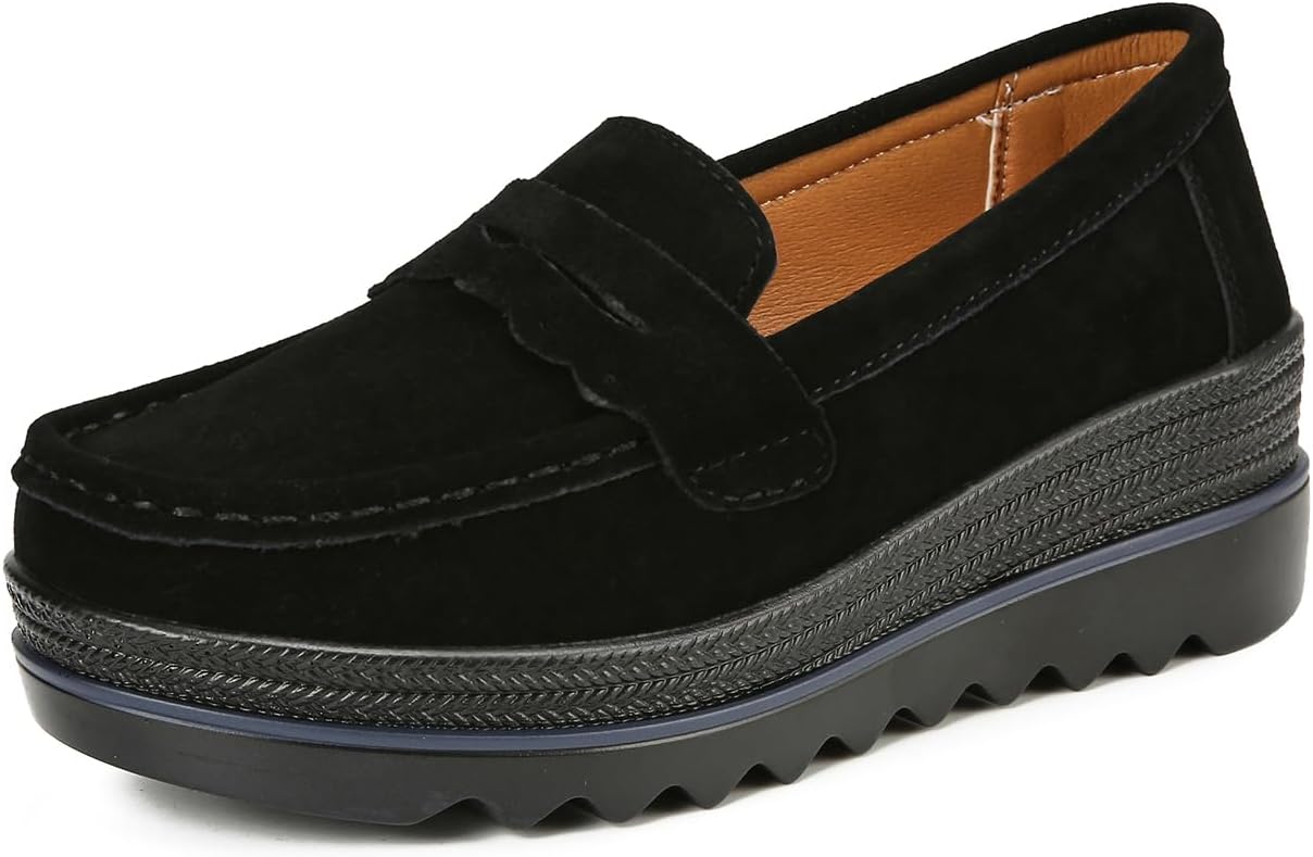 Ruiatoo Women's Slip-On Platform Loafers Suede Wedge Mocs Low-Top Lightweight Casual Office, Travel, Daily Walking Shoes