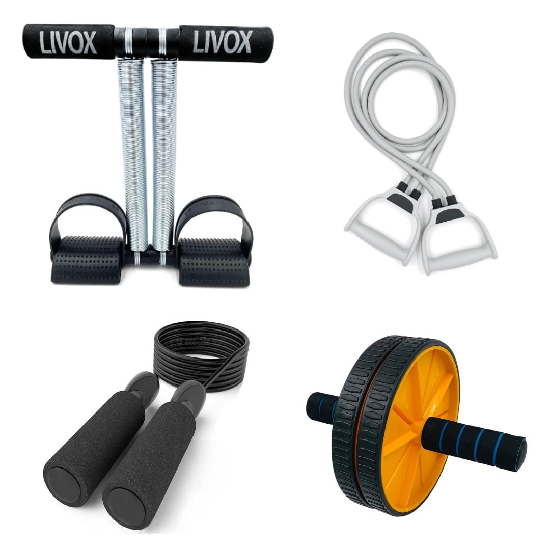 LIVOX Double Spring Tummy Trimmer Dual Wheel Abs Roller with Double Toning Resistance Tube Band and Skipping Rope Home Workout Gym Set Combo for Men Women Gym Equipment Set for Home Multicolour (B09GPFD4CZ) Amazon Price History, Amazon Price Tracker