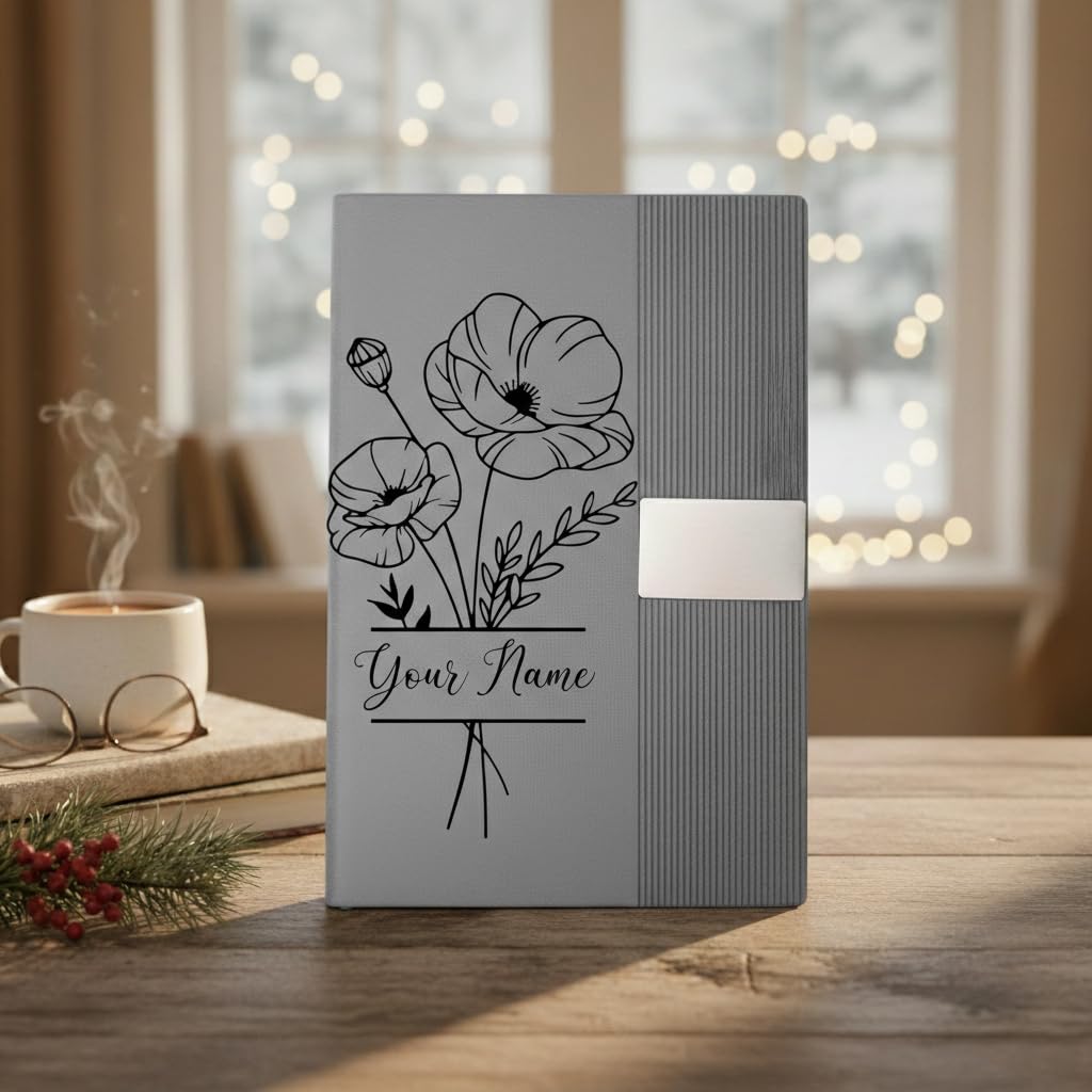PRIMIT Personalized Leather Journal with Engraved Floral Design, Custom Notebook, Custom Name Diary for Women, Girls & Gift Giving (Silver)