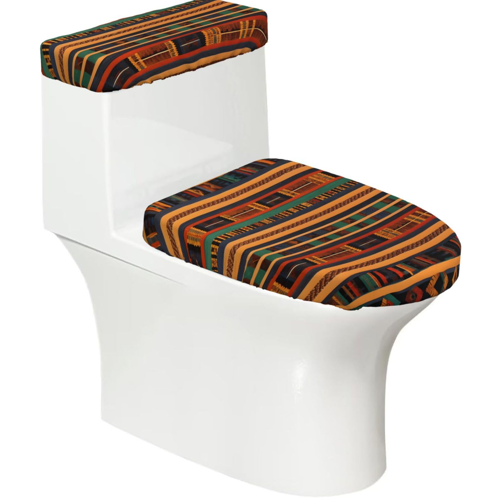 African Weaving Printed Toilet Tank and Lid Cover Set of 2 for Most Bathrooms, Fits Elongated Round Toilets