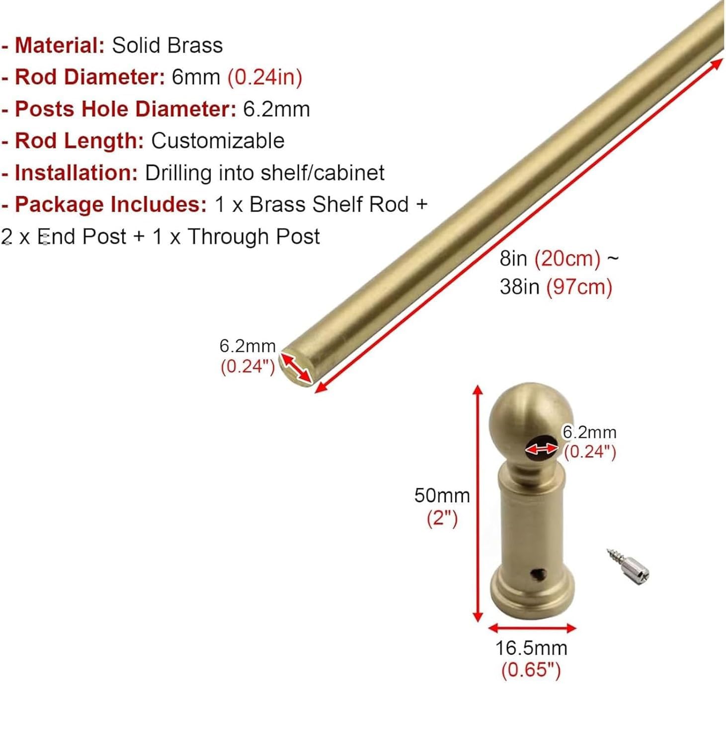 Set di barre di sicurezza personalizzabili in ottone massiccio con 3 montanti da 20,3-106,7 cm per mensole, confezione da 10 pezzi, 40in / 102 cm, binario di sicurezza per casa e ufficio