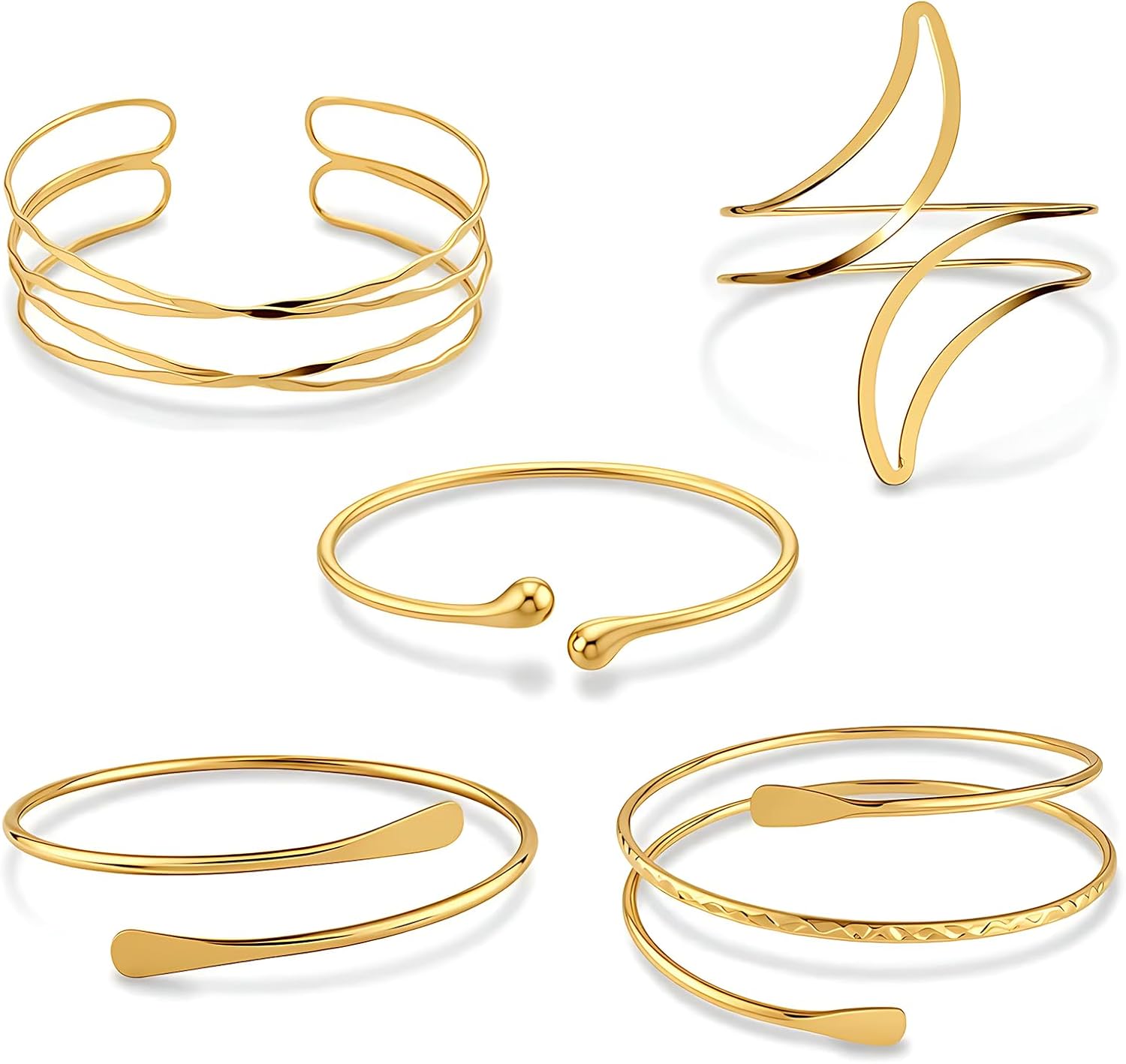 5 Pieces Arm Cuff Upper Arm Band Cuff Bracelet Bangle for Women, Gold Adjustable Armband Armlet Jewelry Set