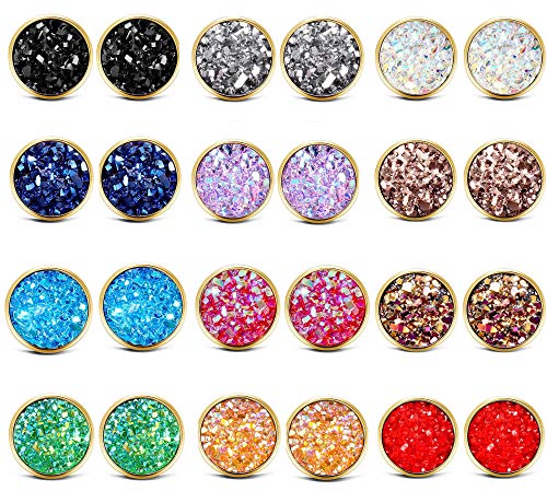 ATIMIGO Druzy Gold Stud Earrings Set for Girls Women Stainless Steel Hypoallergenic Pierced Earrings 12 pairs