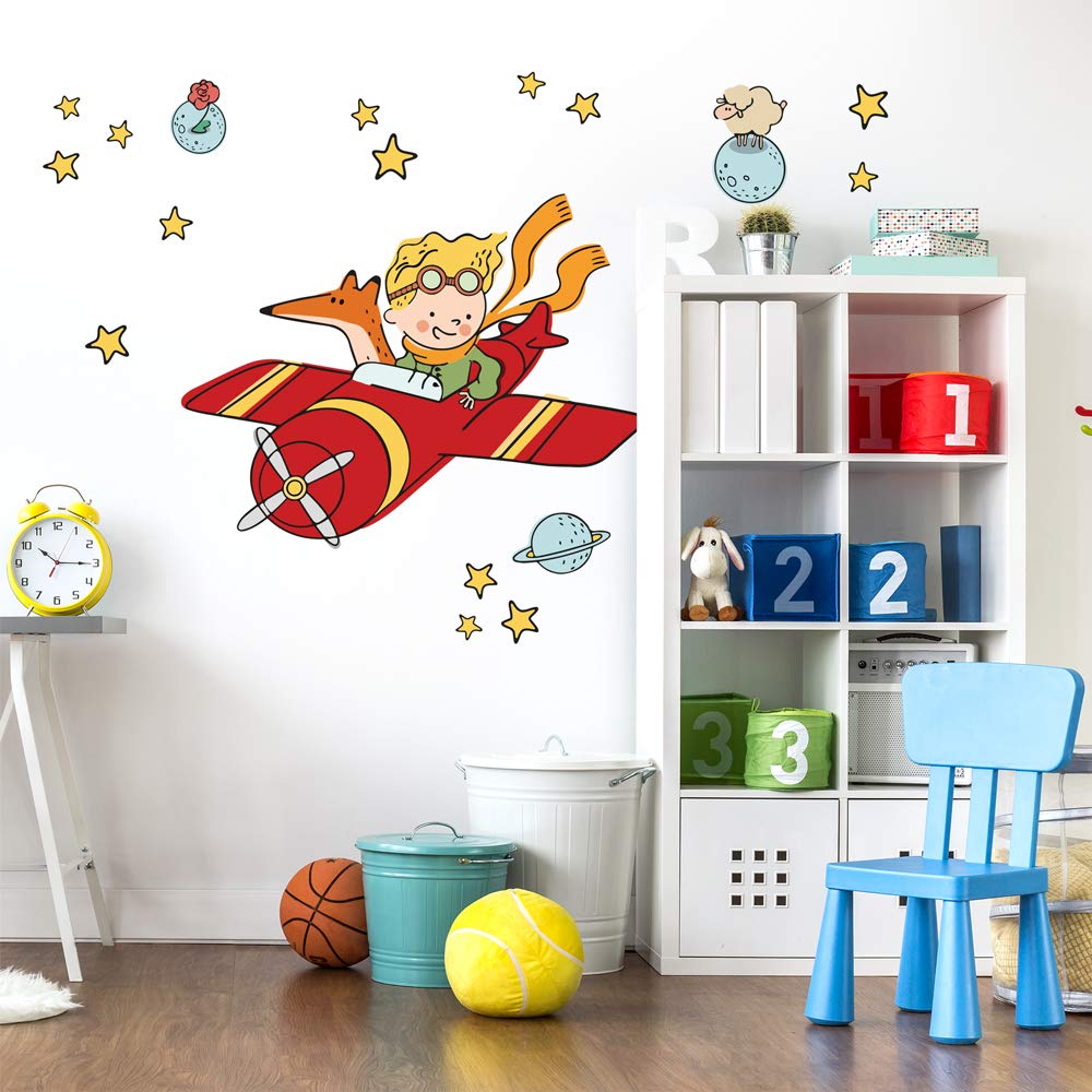 kina - Adesivo Murale Bambini Decorazione Parete Cameretta R00578 - Eco-Tessuto, Ecologico Anallergico, Riposizionabile, Effetto Carezza, Asilo Nido - Grafica Piccolo Principe e Misura 100x30 cm