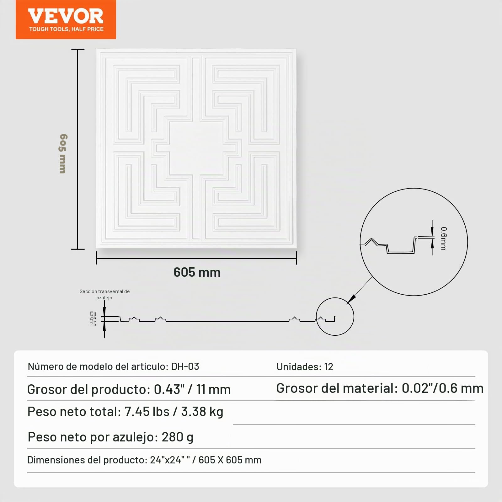 VEVOR Paneles para Techo Suspendidos, Paquete de 12, Láminas de PVC de Primera Calidad, Fácil Instalación/Corte, Plástico, para Decoración del Hogar/Oficina, Patrón de Eco Blanco, 605 x 605 mm
