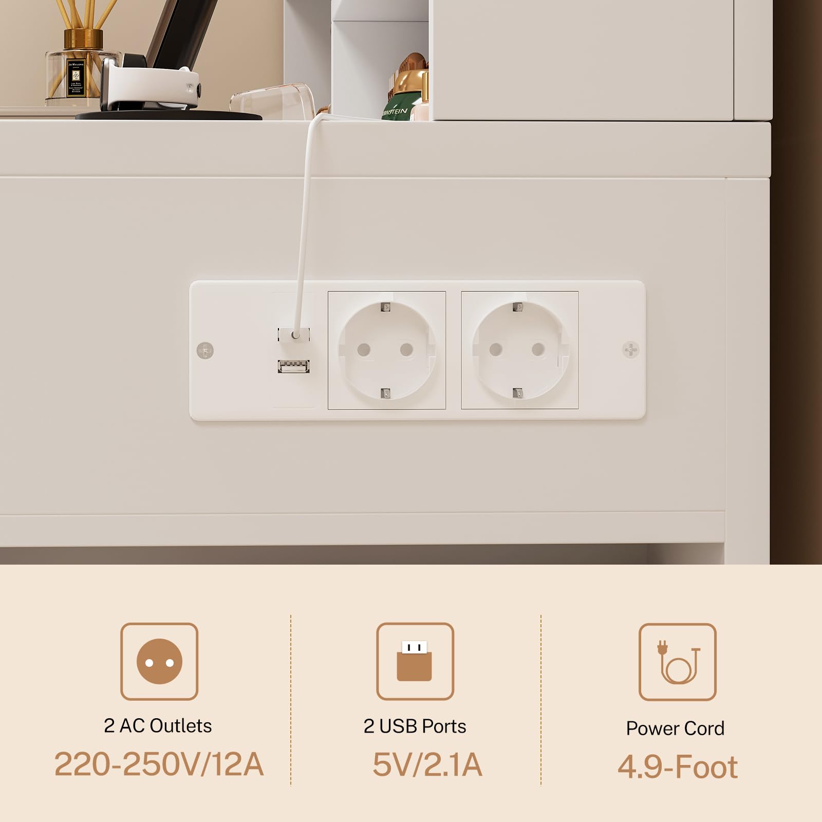 TEENFON Grande Coiffeuse, Coiffeuse avec Miroir LED et Prise, 3 Modes de Couleur, Luminosité Réglable，Blanc，,5 Tiroirs, 3 Étagères Ouvertes et Rangement Latéral