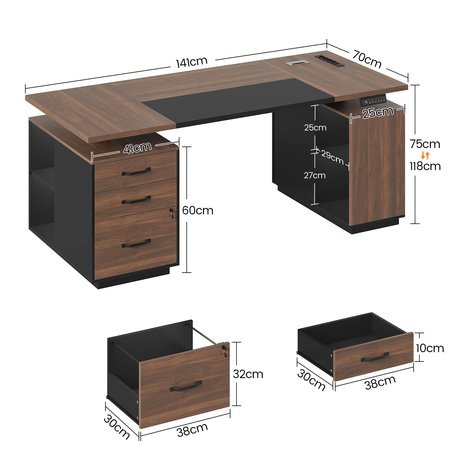 Scrivania Regolabile Elettricamente in Altezza con Cassetti, 140x70 cm, Scrivania da Ufficio Modulare per Lavoro da Casa e In Piedi con Schedario con Serratura, Stazione di Ricarica Integrata, Nero