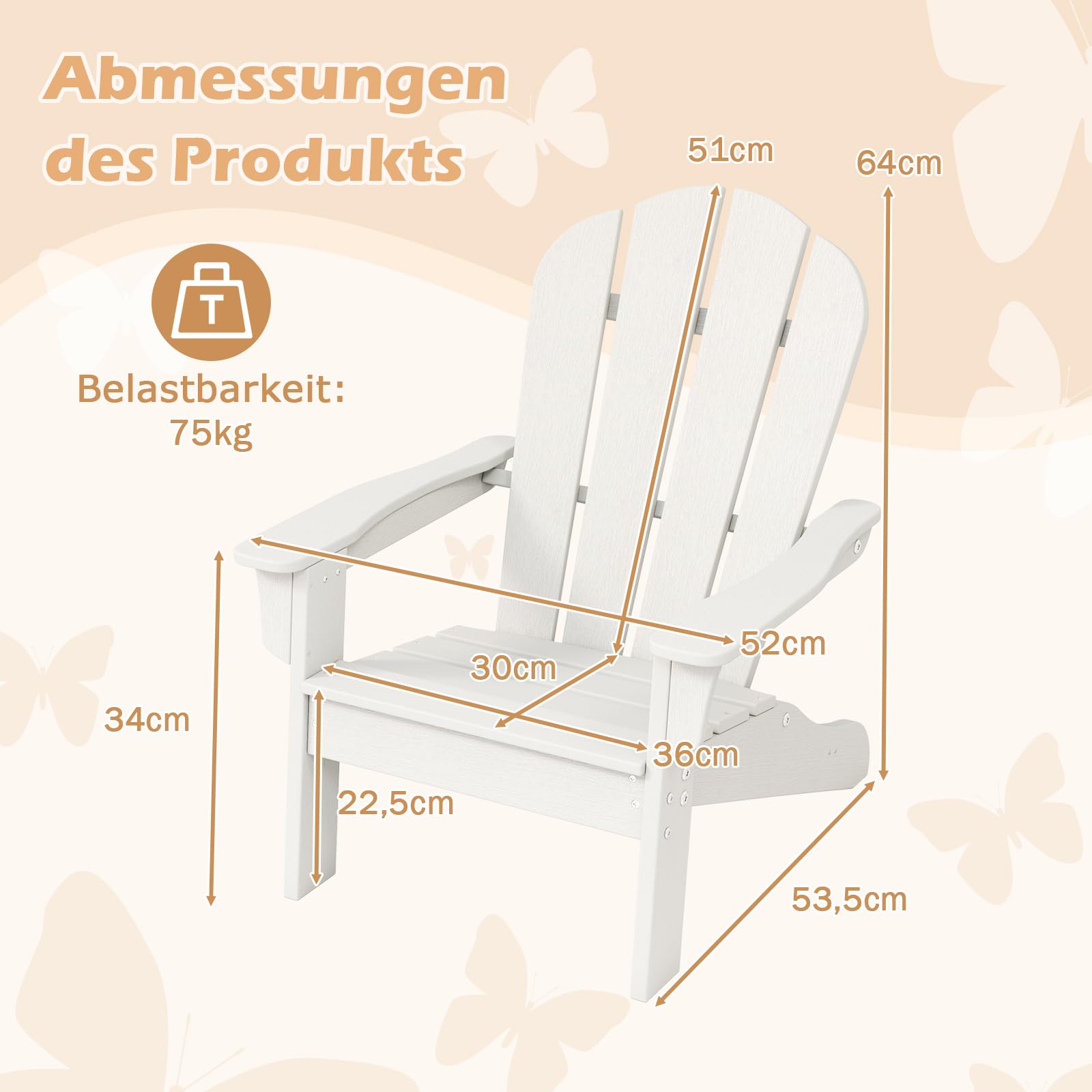GOPLUS Adirondack Stuhl für Kinder, Adirondack Chair wetterfest aus HDPE mit ergonomischer Rückenlehne & Breiten Armlehnen, bis 75kg belastbar, Kinderstuhl Outdoor Garten Kinderzimmer (Weiß)