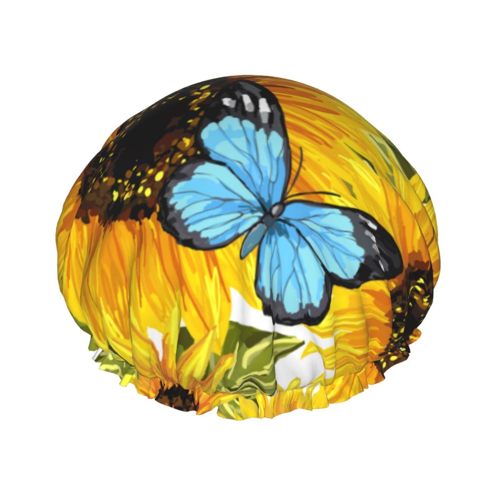 Sunflowers Blue Butterflies Shower Cap for Women,Double Waterproof Layers Bathing Shower Hat Large Designed for all Hair