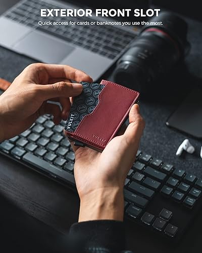 Miniatura 3 de VULKIT Cartera delgada desplegable para mujer, soporte minimalista para tarjetas de crédito con ranuras de cuero, cartera bifold metálica con