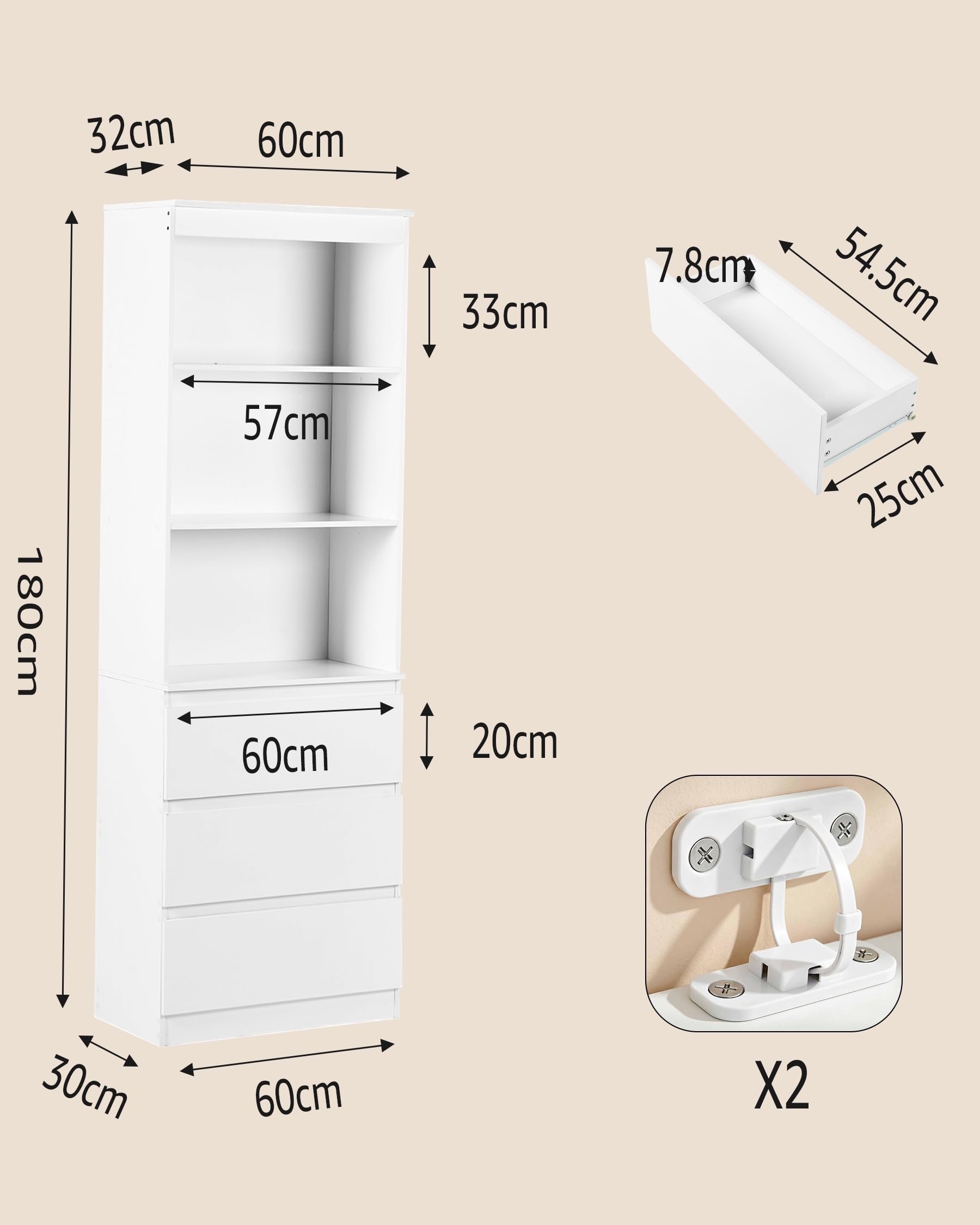 hitsuki Mueble Blanco con Cajones Estantería 60x32x180cm Libreria Alta para Salón Dormitorio Oficina Almacenaje Vertical