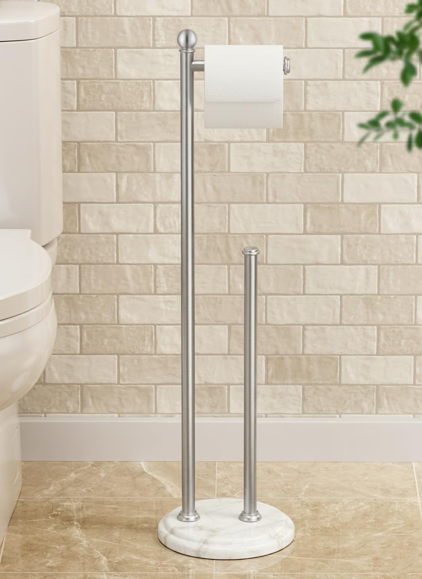 KES Portarrollos de papel higiénico de pie, soporte para rollos de papel higiénico de acero inoxidable con base de mármol, portarrollos de papel higiénico extra estable para 5 ruedas, cepillado