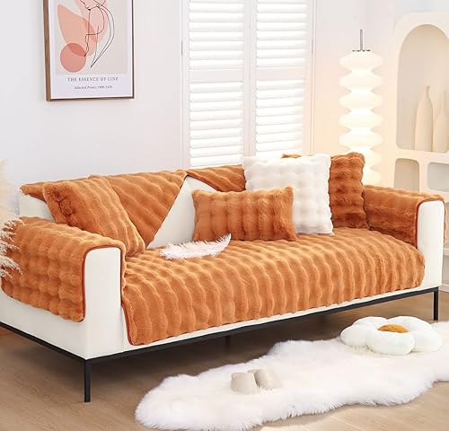Miniatura 3 de vctops Funda de sofá de forro polar de piel sintética naranja, suave y acogedora funda de felpa con burbujas para sofá seccional, funda