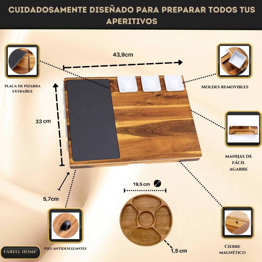 Tabla de quesos y embutidos de madera de acacia - Plato de quesos para aperitivo - Cubiertos de cerámica, pizarra y ramequín - Caja de degustación XL - Idea de regalo.