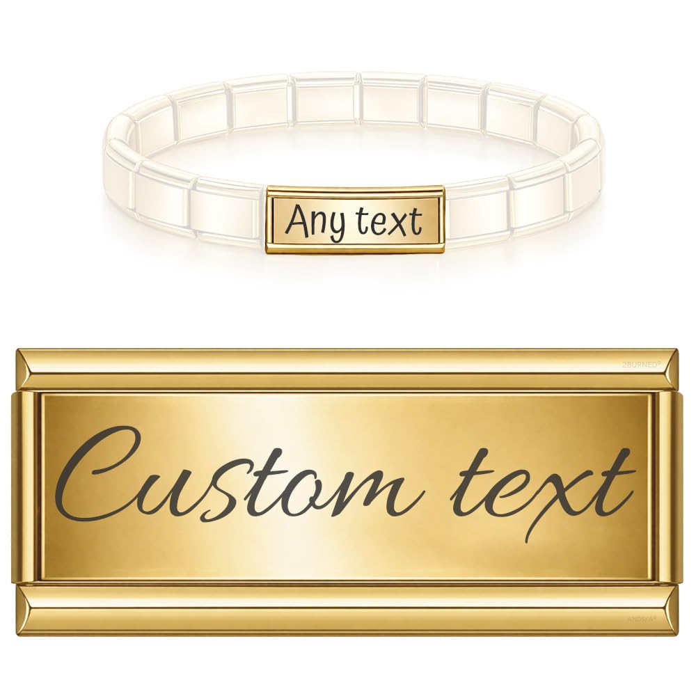 Personalised Engraved Long Double Link Charm for 9mm Italian Modular Stretch Bracelet Custom Text Name Date Paw Heart Silver and Gold (Gold Custom Text)