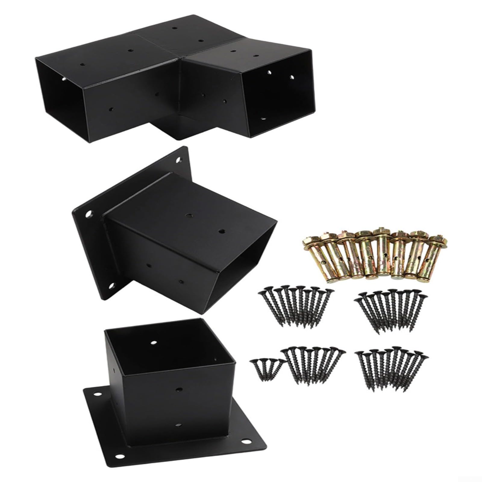 Schrägdach-Pergola-Wandhalterung für 10,2 x 10,2 cm Pfosten, robustes Stahl-3-Wege-Eck-Set mit Befestigungsmaterial, Schwarz (Rechts 15°-Set)