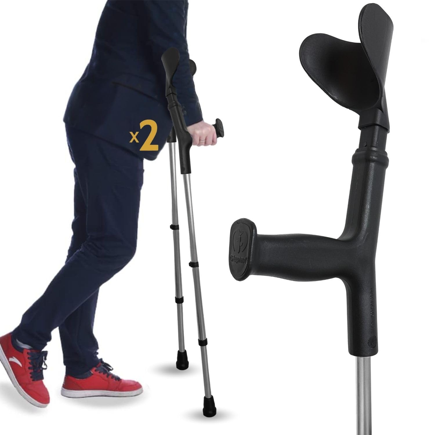 OrtoPrime Béquilles Médicales Adultes en Aluminium Réglable PACK de 2 - Béquilles Orthopédiques avec Embout Antidérapant - Béquilles Anatomiques CONFORT - canne anglaise adulte - Noir.