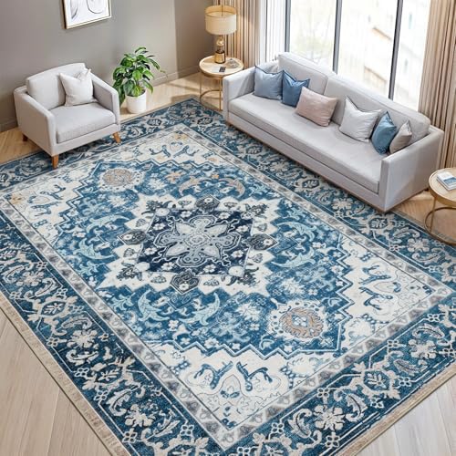 Lofus 8x10 Area Rugs for Living Room, Washable Area Rug, Rugs for Bedroom, Kitchen, Vintage Boho Carpet, Soft Non-Slip, Low Pile Large Area Rug for Office Dining Room, Floral Light Blue