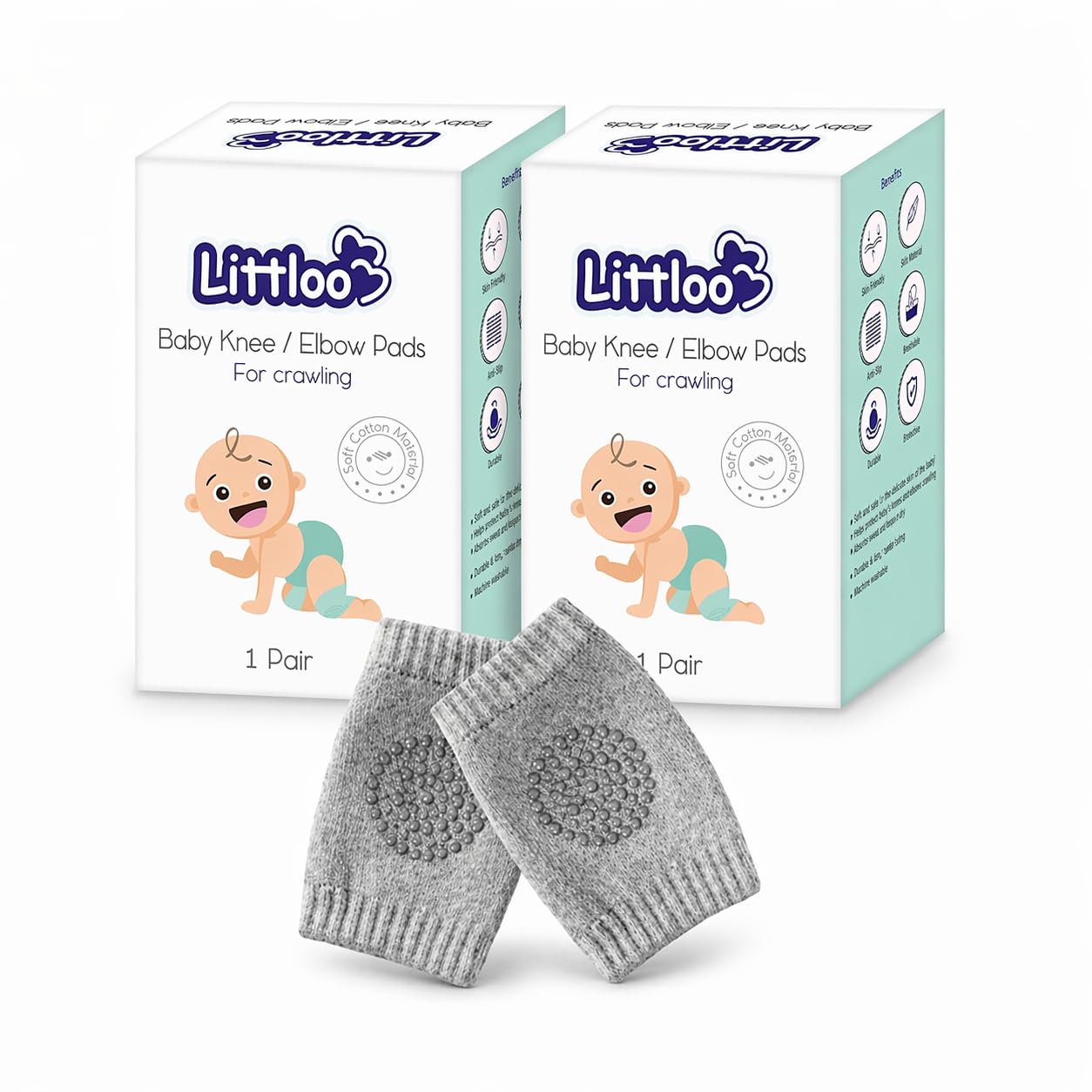 LITTLOO Baby Knee Socks & Crawling Socks (Pack of 2) Anti-Slip Knee & Elbow Protector Pads, Soft Cotton Elastic for Cushion & Knee Protection (Grey)