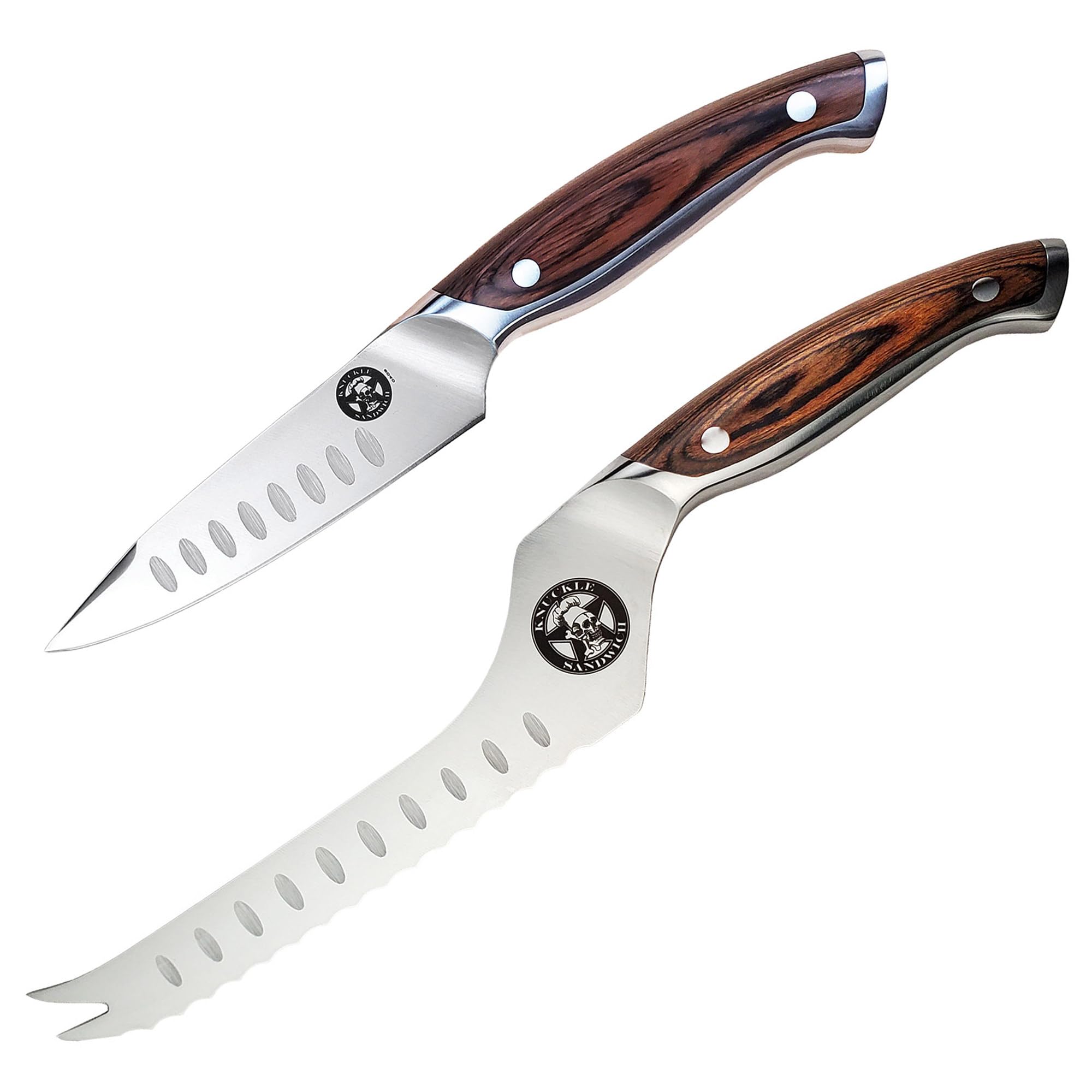 Ergo Chef Guy Fieri Knuckle Sandwich 4” Paring Knife & 6” Serrated Utility Knife Premium 7CR17MoV Stainless Steel, Hollow Ground Blade, Ergonomic Pakkawood Handle