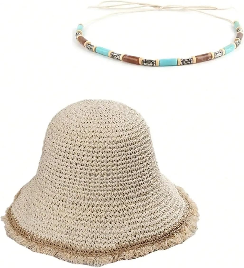 Crochet Straw Hat For Women Summer Out Raffia Paper Tassel Edge Beach Hats Foldable Sun Visor