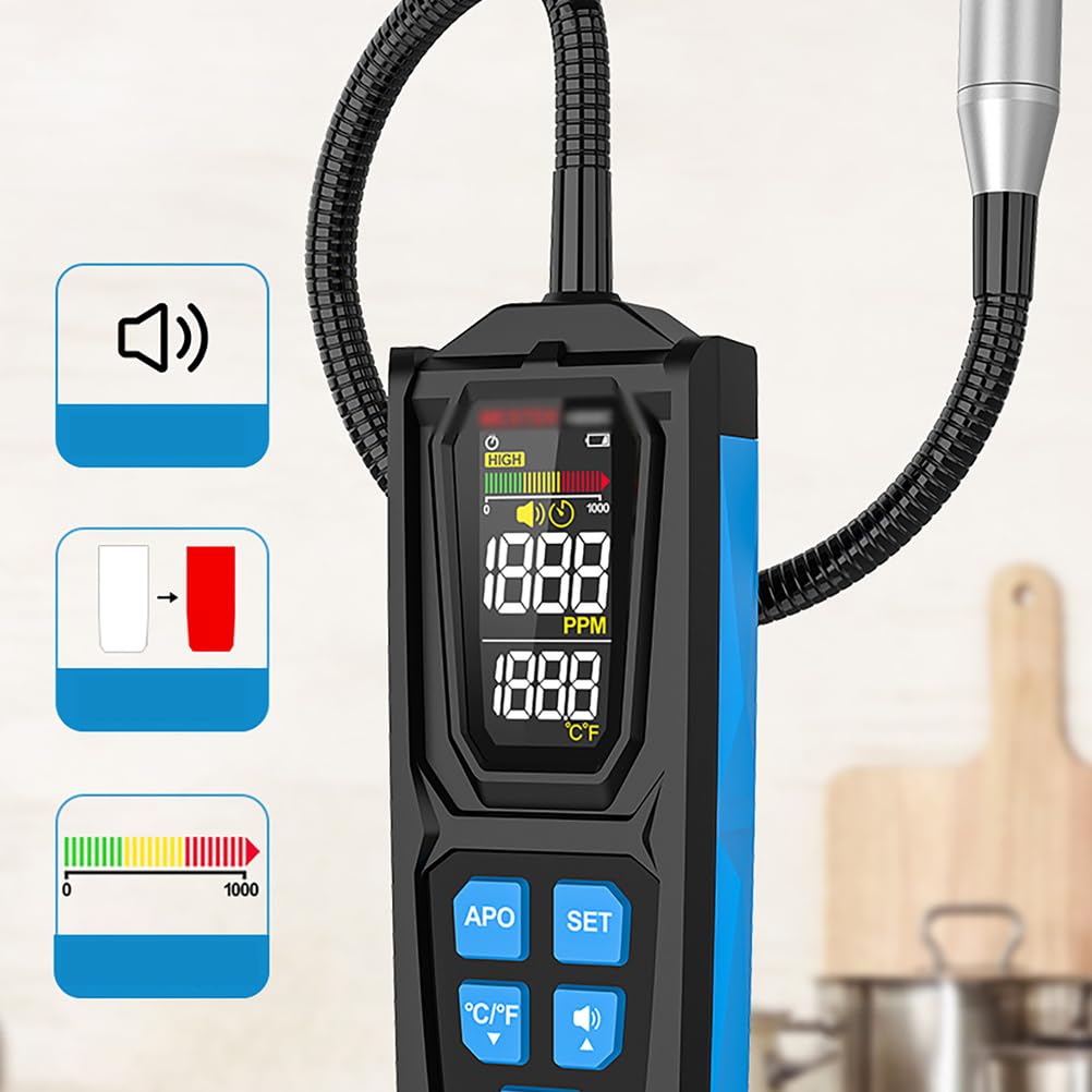 Detector de fugas de gas, analizador de gas de alta precisión, kit de detección de fugas automotrices con triple alarma (audible/visual/retroiluminación) y sonda flexible para el hogar y RV