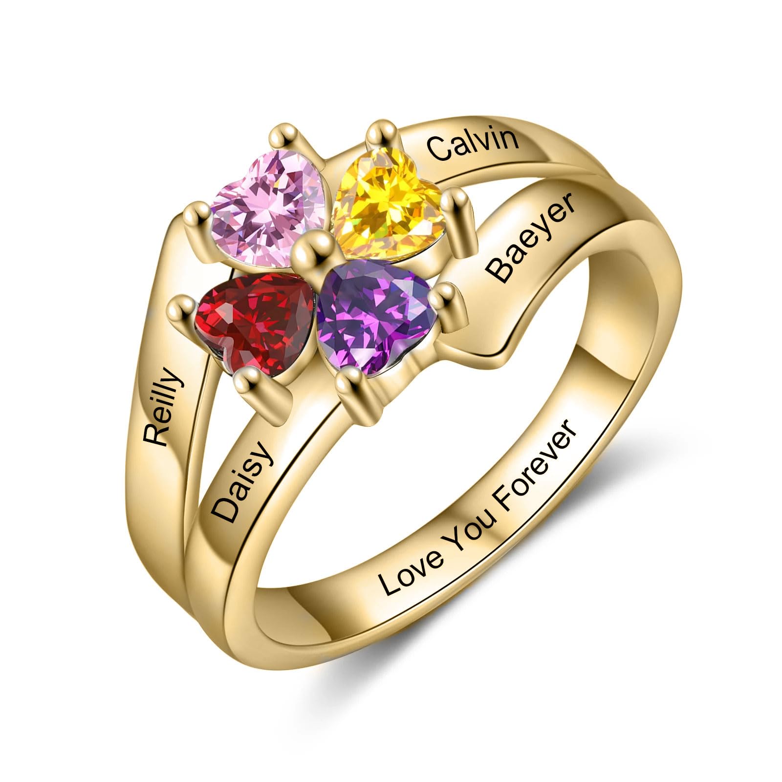 Mothers Day Gifts 10K 14K 18K Solid Gold Customized Mom Ring 2-4 Birthstones Personalized Family Names Ring Jewelry Gifts for Mothers Wife Mom