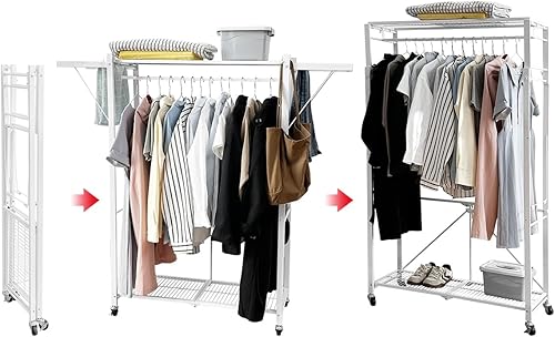 lumizone Perchero plegable con ruedas, armario ampliable, portátil, para colgar ropa, estantes ajustables para armario, perchero duradero para