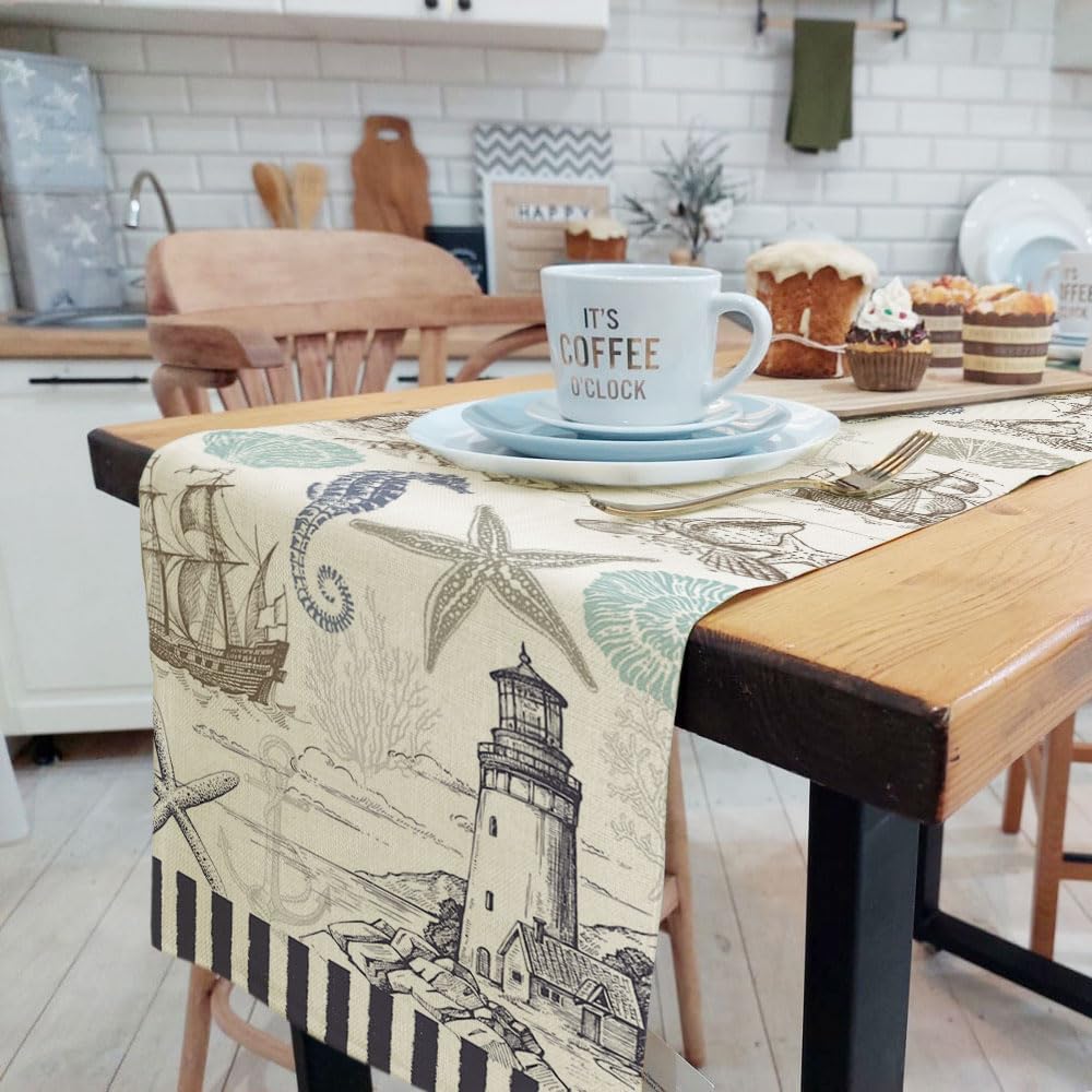 Chemin De Table Brodé Thème Plage - Motifs Conques, Étoiles De Mer Pour Décoration Côtière Salle à Manger