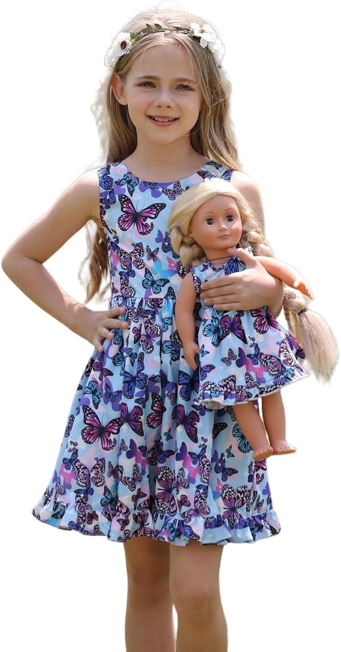 Bow Dream Girl Dresses with Matching American Girl Doll Clothes Vintage Flowers Butterfly 3-12 Years