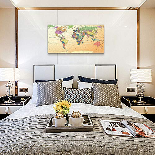 Vintage World Map - Premium Canvas Art Print - Office Wall Art Decor - Canvas Picture Stretched On Wooden Frame As Modern Gallery Large Wall Poster Maps Picture Artwork- Office Hotel Home Decoration #TOP2