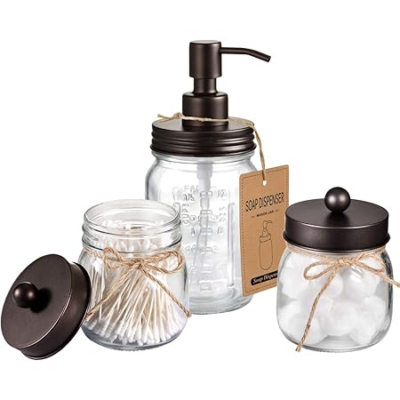 Amazon Com Mason Jar Bathroom Accessories Set Mason Jar Foaming Hand Soap Dispenser And Qtip Holder Set Rustic Farmhouse Decor Apothecary Jars Bathroom Countertop And Vanity Organizer Bronze Patent Pending Home