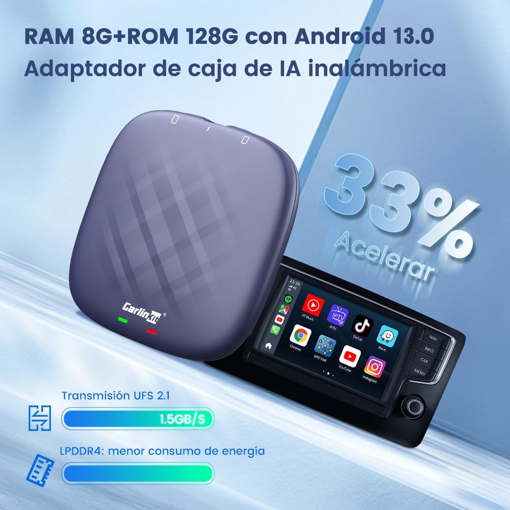 CarlinKit 2026 Adaptador inalámbrico Carplay/Android Auto AIBox-Plus con Sistema Integrado RAM 8G + ROM 128G para Coches con Pantalla táctil CarPlay Cableada de fábrica, por ejemploVW/Peugeot, etc.