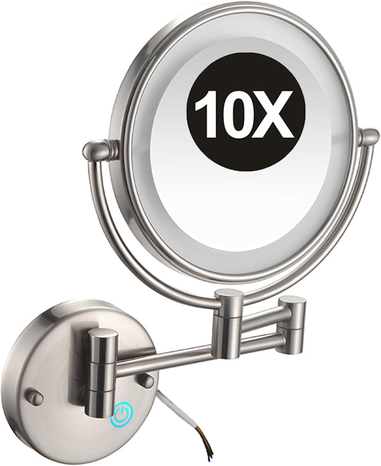 8 Inch Double Sided 1X/10X Magnifying Wall Mounted Makeup Vanity Mirror with LED Lights & Stepless Dimming, 360° Swivel Extendable Cosmetic Mirror, Bathroom HD Shaving Mirror ,Nickel,HardWired
