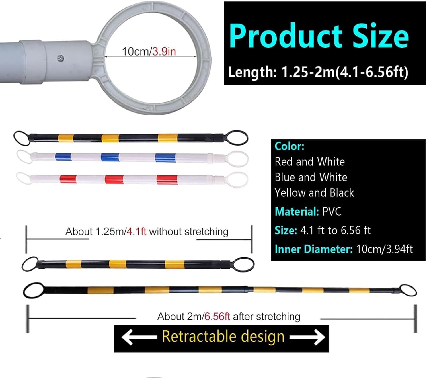 Adjustable Portable Traffic Cone Bar - 3ft to 6ft, Reusable & Retractable for Parking Lots & Warehouses, 6PCS Yellow Safety Cone Bar (1.25m-2m)
