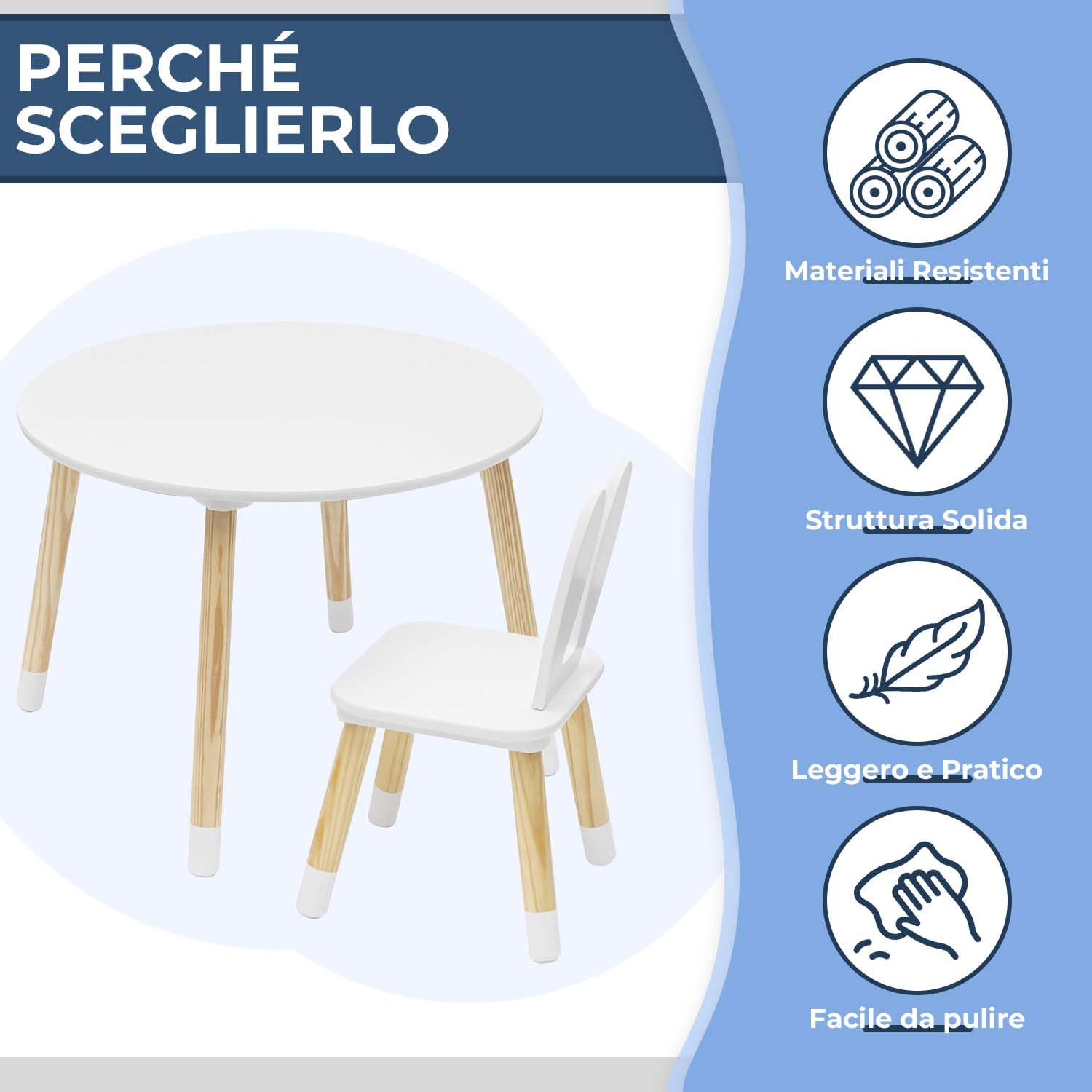 Rebecca Mobili Set Tavolino E Sedie Per Bambini, Tavolo Bambini Con Seggiole, Bianco Marrone, MDF Pino, Per Cameretta Asilo - Misure: 44 x 60 x 60 cm / 50 x 28 x 25 cm - Art. RE6849
