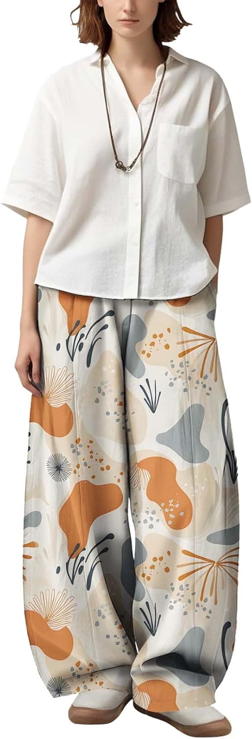 Medlor Womens Boho Floral Printed Pants Elastic Waist Wide Leg Casual Trousers Loose Fit Pant with Pockets for 2025 Summer