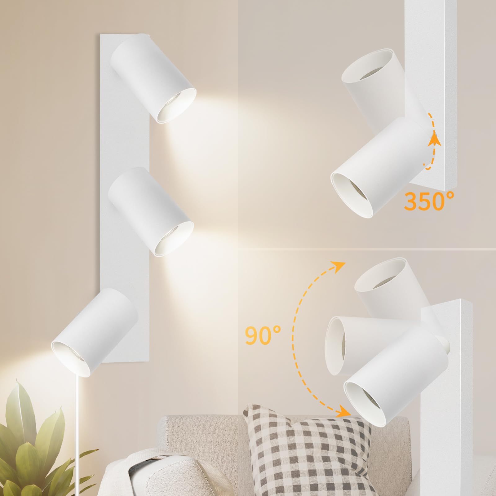 Applique Murale Intérieure avec Prise et Interrupteur 3 Spots - Blanc GU10 Lampe de Chevet Murale Moderne Tourner 350° - Lampe Murale pour Chambre Salon Couloir Peinture Murale - Sans Ampoules